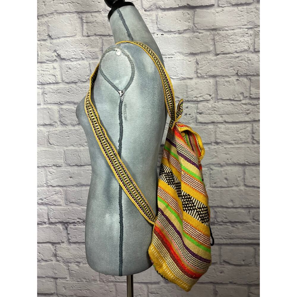 Funky Boho Striped Earthy Rustic Woven Drawstring Backpack - Picture 2 of 9